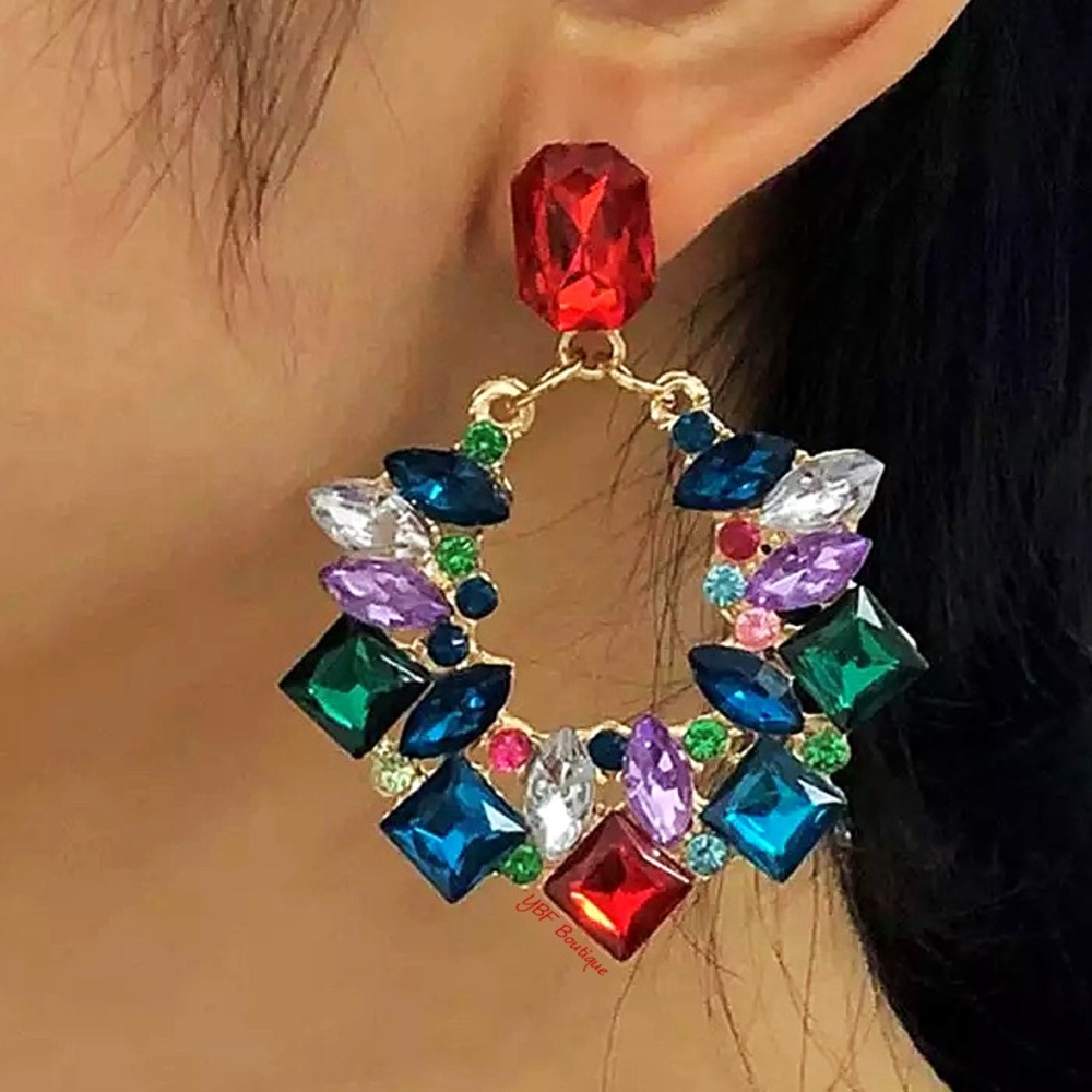 New Red Blue Colorful Rhinestone Post Statement Earring - Picture 4 of 6